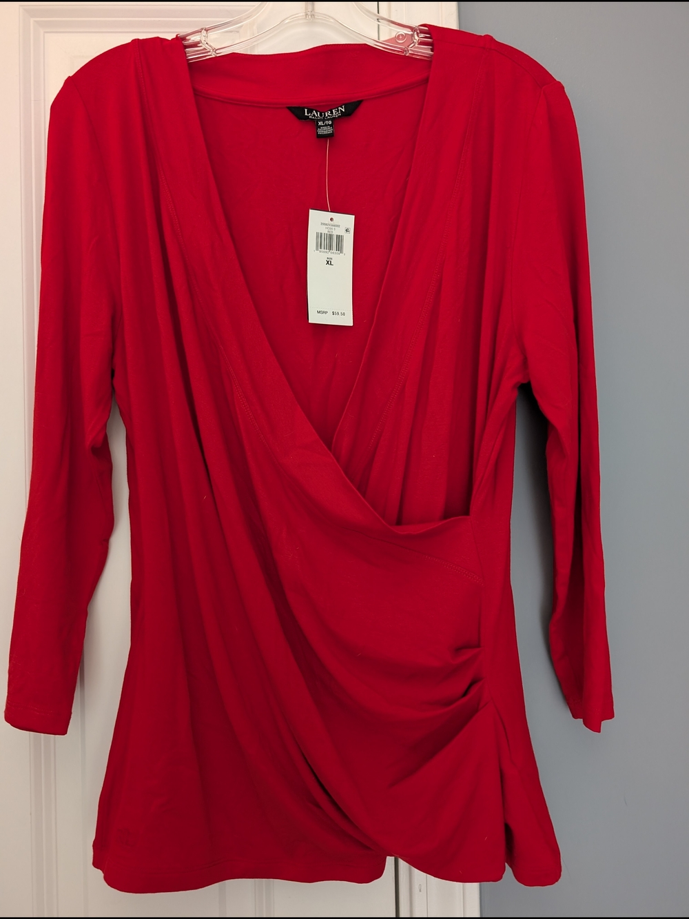 Lauren Ralph Lauren XL Red Draped Surplice Top NWT